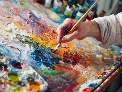 A vibrant image of a painter mixing colors on a palette in a bright studio, perfect for art supply advertisements with designated text space