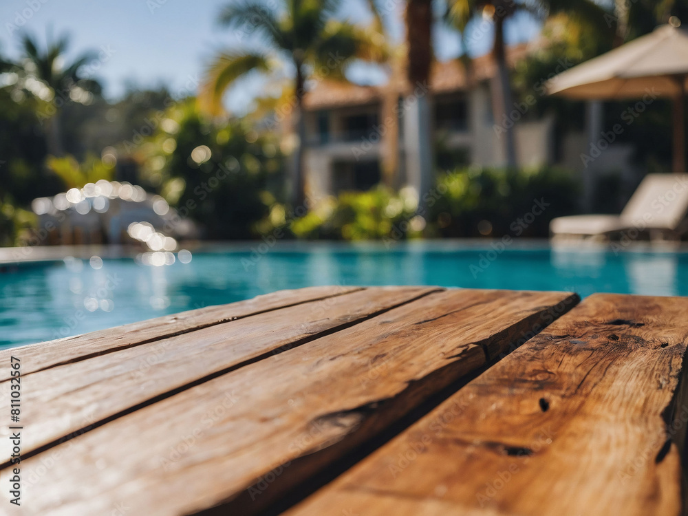 Poolside Oasis, Wooden Table with Swimming Pool Blur in the Background