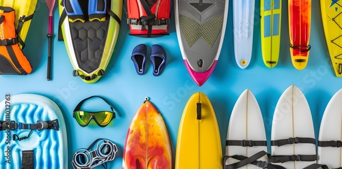 Collection of Colorful Water Sports Equipment Arranged on Blue Background photo