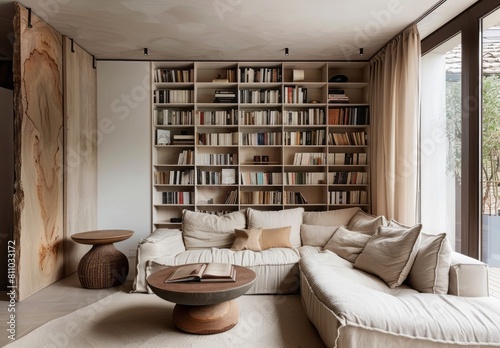 The modern aesthetic of a living room with integrated bookshelves, a cozy sofa, and a stylish side table, all in neutral hues, offering a minimalist yet inviting atmosphere