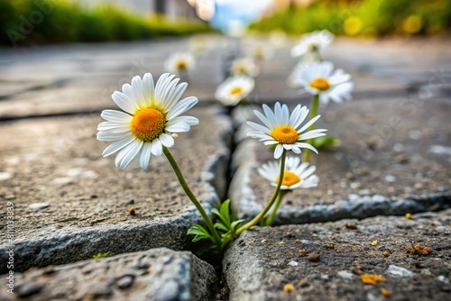Flower growing through a crack on concrete sidewalk in the city © Jason
