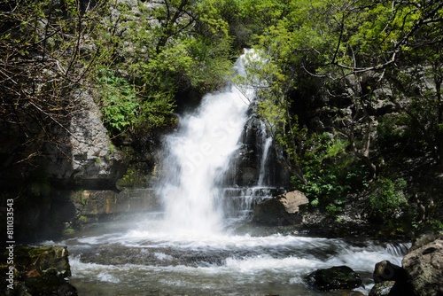 Fototapeta Naklejka Na Ścianę i Meble -  Waterfall in forest. Hight waterfall. Watery waterfall. Tropical forest and tall waterfall wall art. Deep forest and river