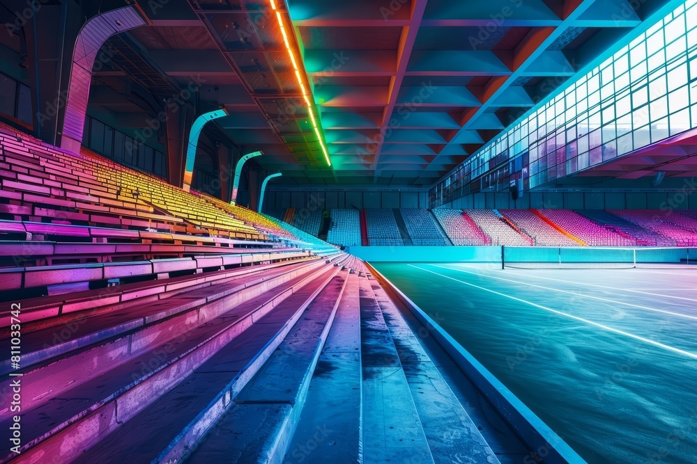 Conceptualize an empty tennis stadium with smart, adaptive seating that changes colors and patterns, set in a cyberenhanced world with copy space Conceptualize an empty tennis stadium with smart, adaptive seating that changes colors and patterns, set in a cyberenhanced world with copy space