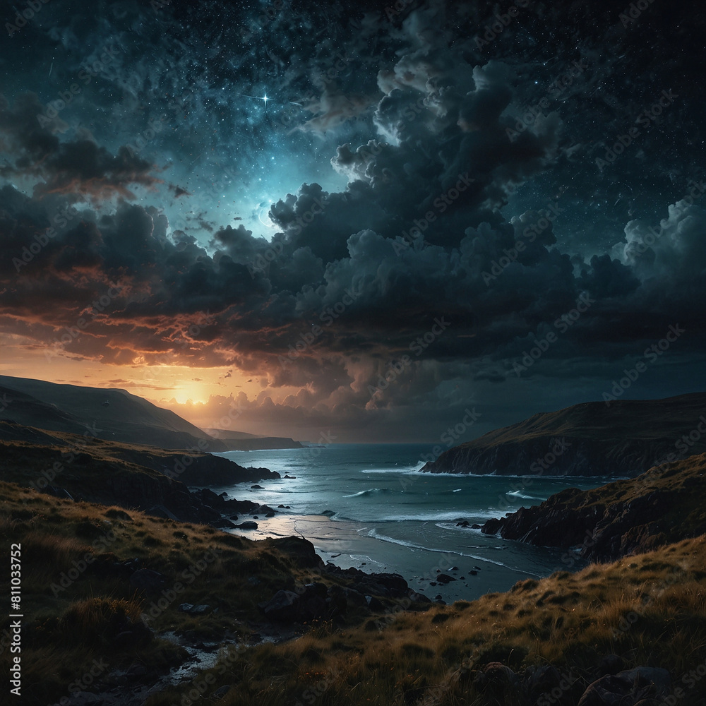 Dramatic Coastal Landscape with Mountain, Sunset, and Starry Sky Dramatic Coastal Landscape with Mountain, Sunset, and Starry Sky