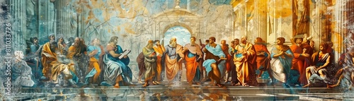 Conceiving a painting of ancient philosophers debating in a digital forum, illustrated in the style of classical Greek frescoes