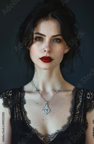 Beautiful vampire woman with dark hair and red lipstick.