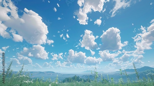 The serene daytime scene of a clear blue sky dotted with fluffy white clouds exudes a tranquil and peaceful vibe creating a soothing and gentle atmosphere It captures a sense of calm withou photo