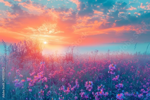 Creative colorful landscape of a blooming meadow in sunrise, visualized in classic styles color, redefining natural beauty, synth wave