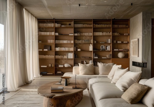 Minimalist living room with builtin bookshelves, sofa and side table in neutral tones