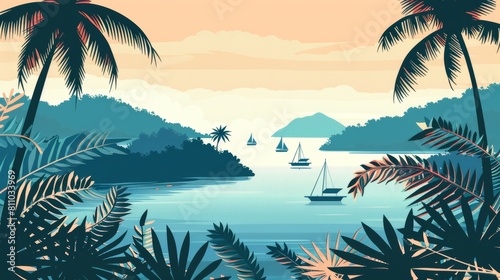 In this tropical south-east Asian scene  traditional jungle and plants appear on the front and islands  sea and yachts appear on the back. A retro travel poster with a handcrafted drawing modern