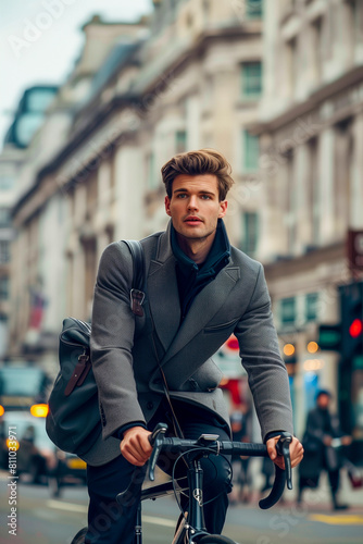 A man in a gray jacket rides a bicycle down a city street © Erik González