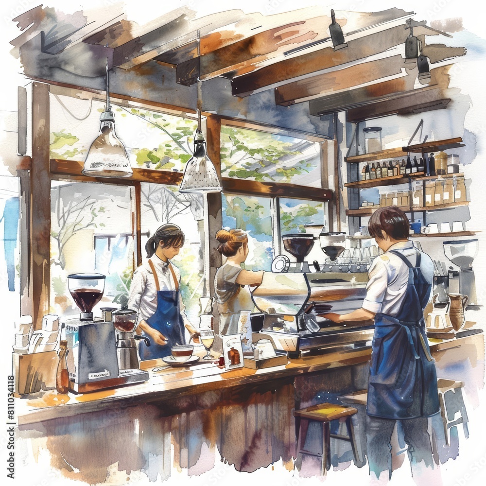 Creative watercolor of a bustling coffee shop, where baristas craft perfect espresso shots in Japan draw art styles, clipart watercolor easy detail on white background