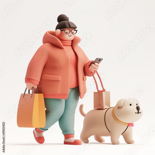 Ilustração uma mulher gordinha voltando das compras com seu cachorrinho.