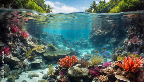 This is a beautiful split-level image of a coral reef.
