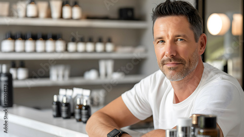 Portrait of a mature man in a grooming shop, confidently smiling with skincare products in the background, illustrating his dedication to personal care