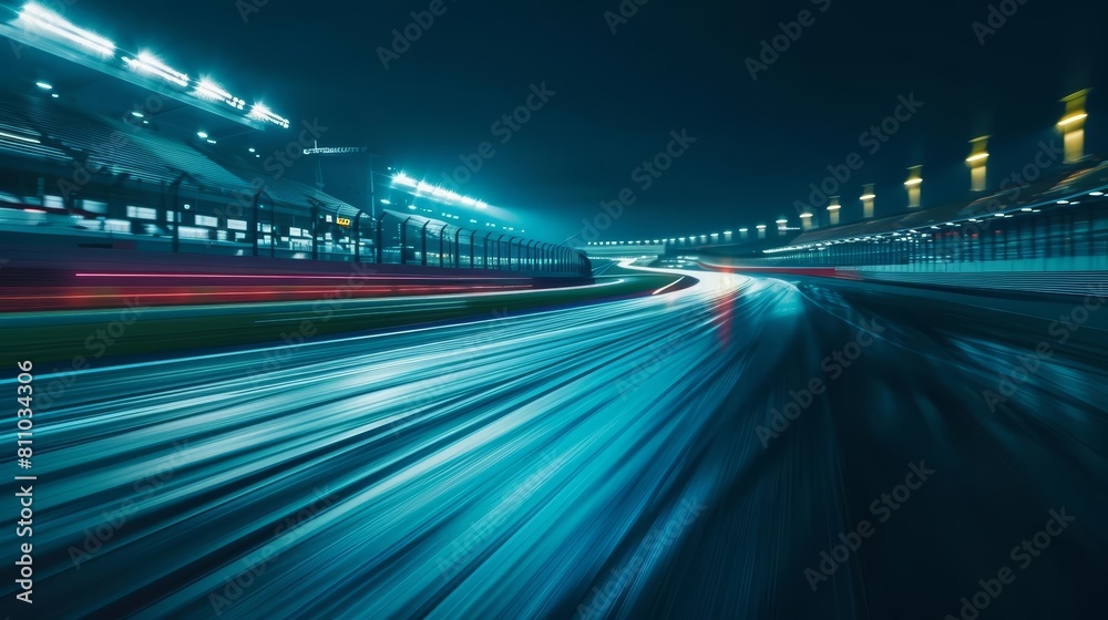 Depict a motorsports track without a crowd, where the silence is broken only by the light trails of autonomous cars zooming by, equipped with copy space Depict a motorsports track without a crowd, where the silence is broken only by the light trails of autonomous cars zooming by, equipped with copy space