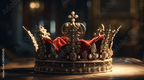 low key image of beautiful queenking crown over wooden table. vintage filtered. fantasy medieval period