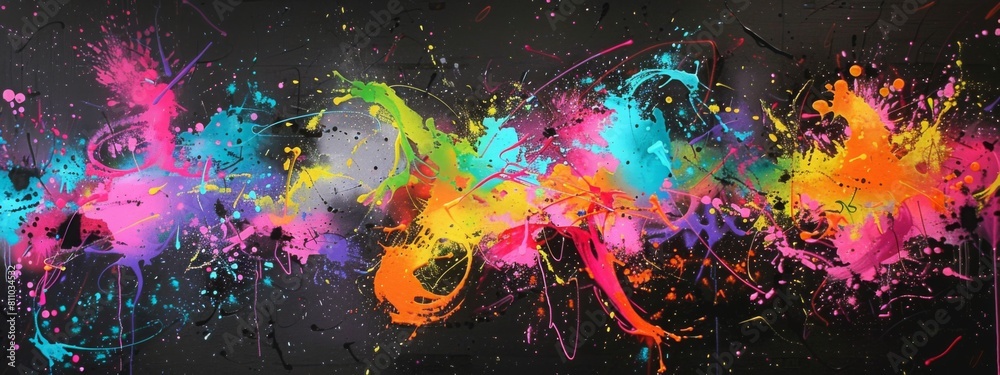Abstract painting featuring vibrant multicolored paint splatters on a black background, creating a striking and dynamic visual effect. Abstract painting featuring vibrant multicolored paint splatters on a black background, creating a striking and dynamic visual effect.