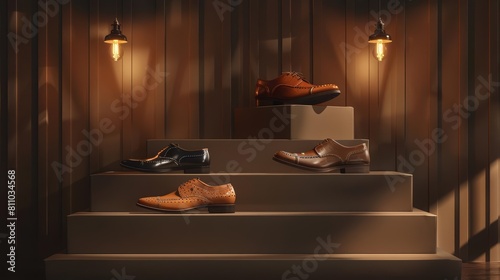 Empty studio with podium of classic leather shoes collection  highlighted by vintage lighting in retro styles  banner template sharpen with copy space