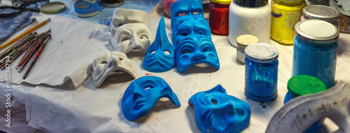 Preparations for making Venetian masks, and accessories of artist in the creative workshop
