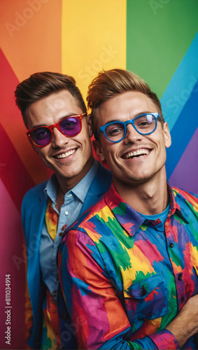 Portrait of a beautiful happy smiling gay couple on a pride themed background