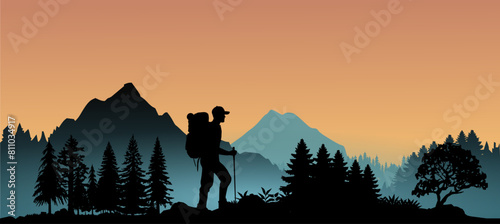 Vektor Silhouette Berge Wanderer in der Natur - Abenteuer Wandern in den Wäldern und Gebirgen - Wildnis Camping