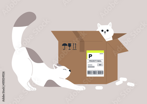 A Curious Cat Explores a Parcel, A spotted cat stretches beside an open cardboard box with another peeking out from within