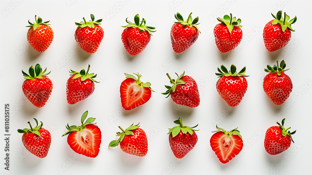 Fresh red strawberries, white background. Flat lay composition with copy space. Wimbledon Event. Fresh fruit and healthy eating concept. Design for banner, poster, invitation. Fresh red strawberries, white background. Flat lay composition with copy space. Wimbledon Event. Fresh fruit and healthy eating concept. Design for banner, poster, invitation.