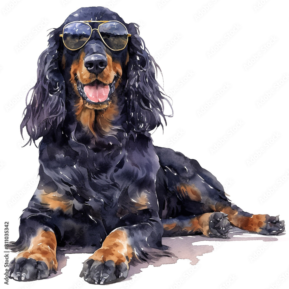 Smiling Gordon Setter With Sun Glasses In Watercolor