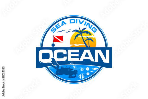 Sea diving beach resort logo design with illustration elements of divers on the beach with a sunset view.