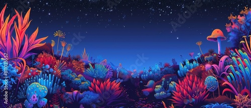 Futuristic Pop art style of a cosmic garden with alien plants glowing in luminescent colors, set against a starry sky, banner sharpen with copy space