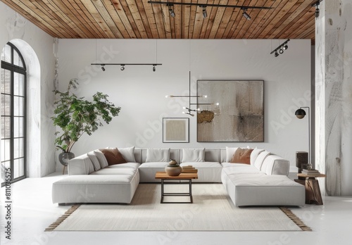 Minimalist living room with white walls  wooden ceiling and light grey sofa. The room has a minimalist aesthetic with white walls and a light grey sofa
