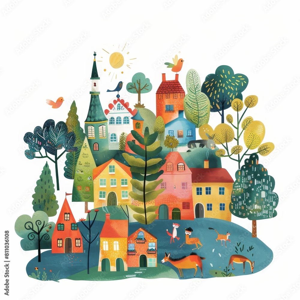 A colorful illustration of a town with houses, trees, and animals