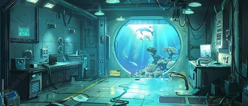 Fototapeta premium Illustration of an underwater research facility with hologram mapping of oceanic features, in a banner for advertise