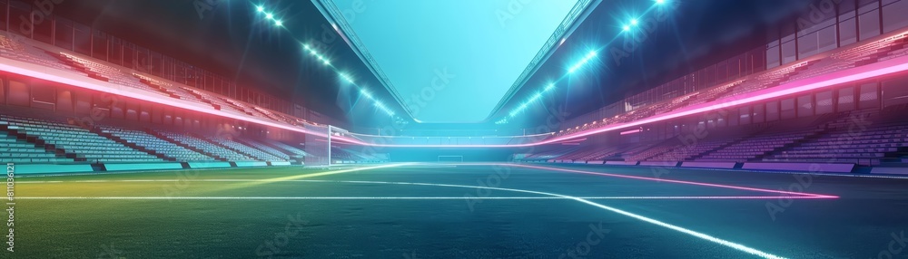 Imagine a futuristic soccer stadium bathed in neon lights, completely empty, creating an eerie yet captivating scene with copy space Imagine a futuristic soccer stadium bathed in neon lights, completely empty, creating an eerie yet captivating scene with copy space