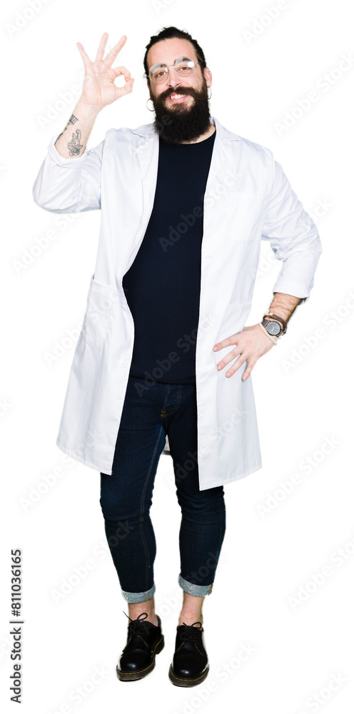 Doctor therapist man with long hair and bear wearing white coat smiling positive doing ok sign with hand and fingers. Successful expression. Doctor therapist man with long hair and bear wearing white coat smiling positive doing ok sign with hand and fingers. Successful expression.