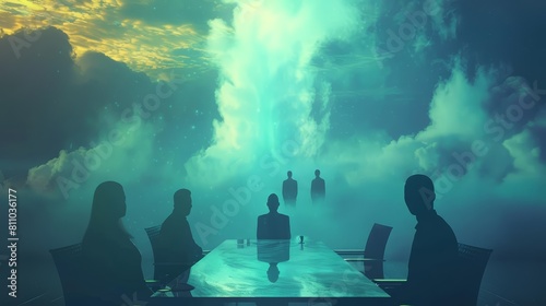 Imagine a surreal meeting room where holographic projections of venture capitalists float above an ethereal photo