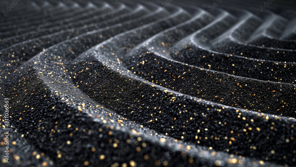 Close-up of textured black sand dunes with golden specks. 8k Wallpaper High-resolution digital art. Abstract and nature concept.