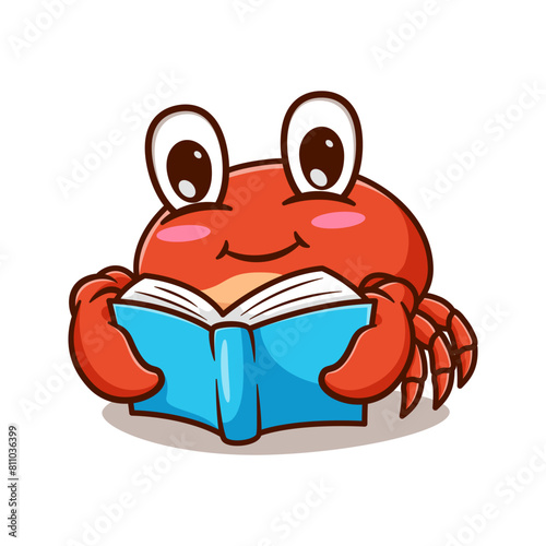 Illustration design of a cute and kawaii cartoon crab reading a book