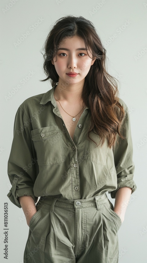 30 year old korean woman standing, simple style 30 year old korean woman standing, simple style