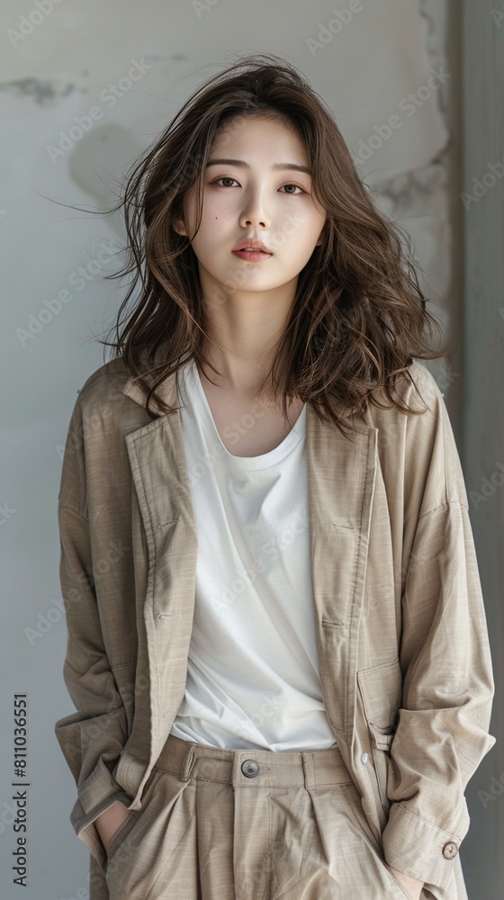 30 year old korean woman standing, simple style 30 year old korean woman standing, simple style