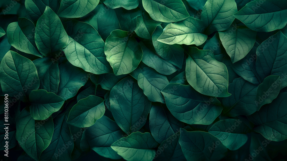 Dense green leaves pattern with visible veins. 8k Wallpaper High-resolution digital art. Nature and environment concept.