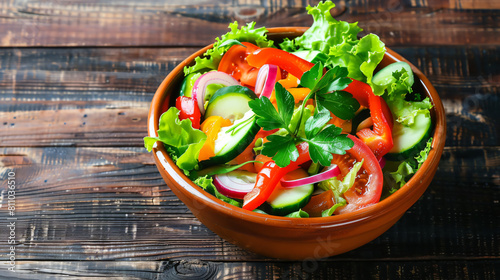 Bowl with fresh vegetable salad on wooden background