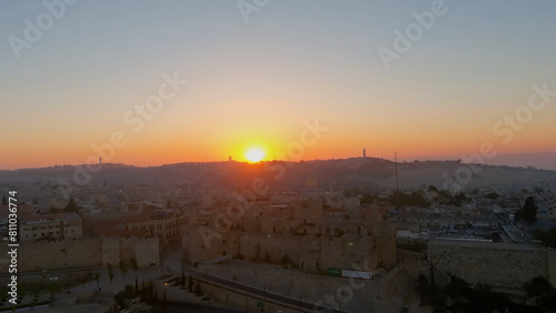 Jerusalem Beautiful sunset, old city aerial view Jerusalem sunset and the old city panorama, Israel, 2022