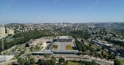 Israel parliament (Knesset) with trees, Aerial view
Drone view from the capital of Israel, Jerusalem, 2022, Israel

