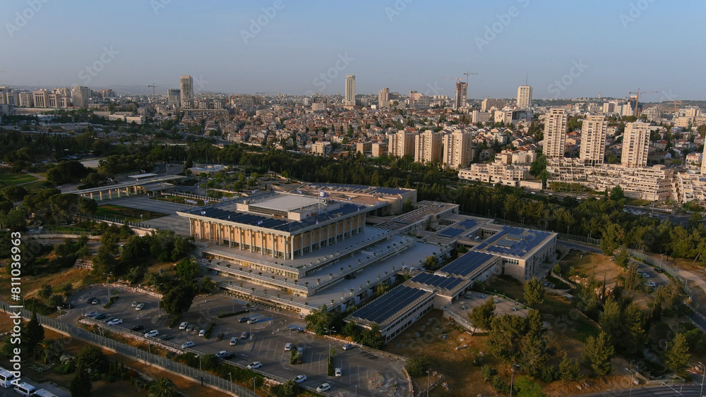 Fototapeta premium Israel knesset parliament close to sunset, aerial Drone view from the capital of israel, Jerusalem, 2022, Israel 