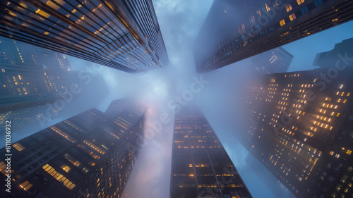 Gazing into the fog, a line of towering skyscrapers emerges. The glass-clad buildings create a parallel and symmetrical ensemble in the bustling metropolitan area photo