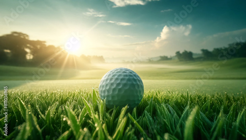 a close-up view of a golf ball on a lush green grass under a clear sky