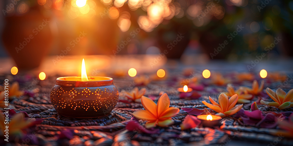 Candlelight casting a warm glow on an intricately patterned table, surrounded by floral decor. Card for an Islamic holiday. Candlelight casting a warm glow on an intricately patterned table, surrounded by floral decor. Card for an Islamic holiday.