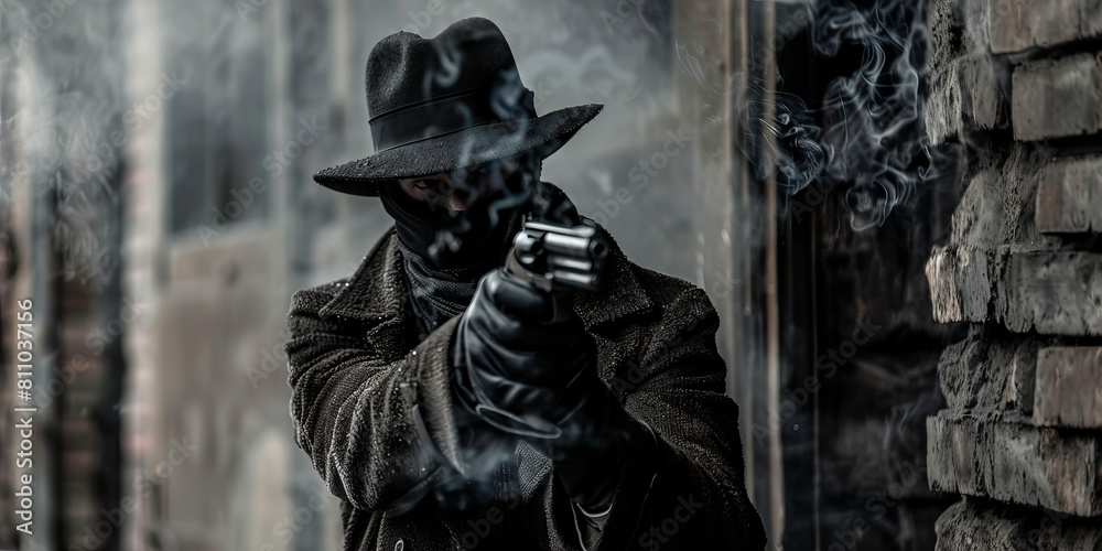 Obraz premium A man in dark clothing and a hat holding a revolver in a dramatic noir style. Symbolizes tension, mystery, and action. Perfect for campaigns focused on movies, detective stories, and action scenes